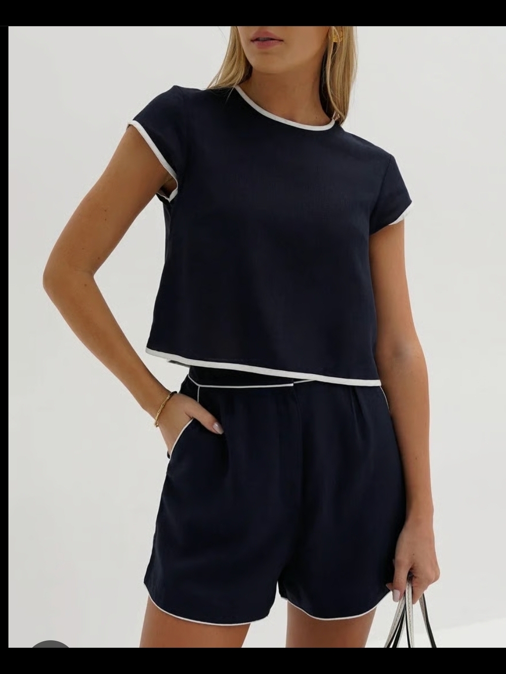 Commense Pure Cotton Contrast Trim Shorts Set